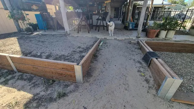 Timber edged raised garden beds on a levelled sand base
